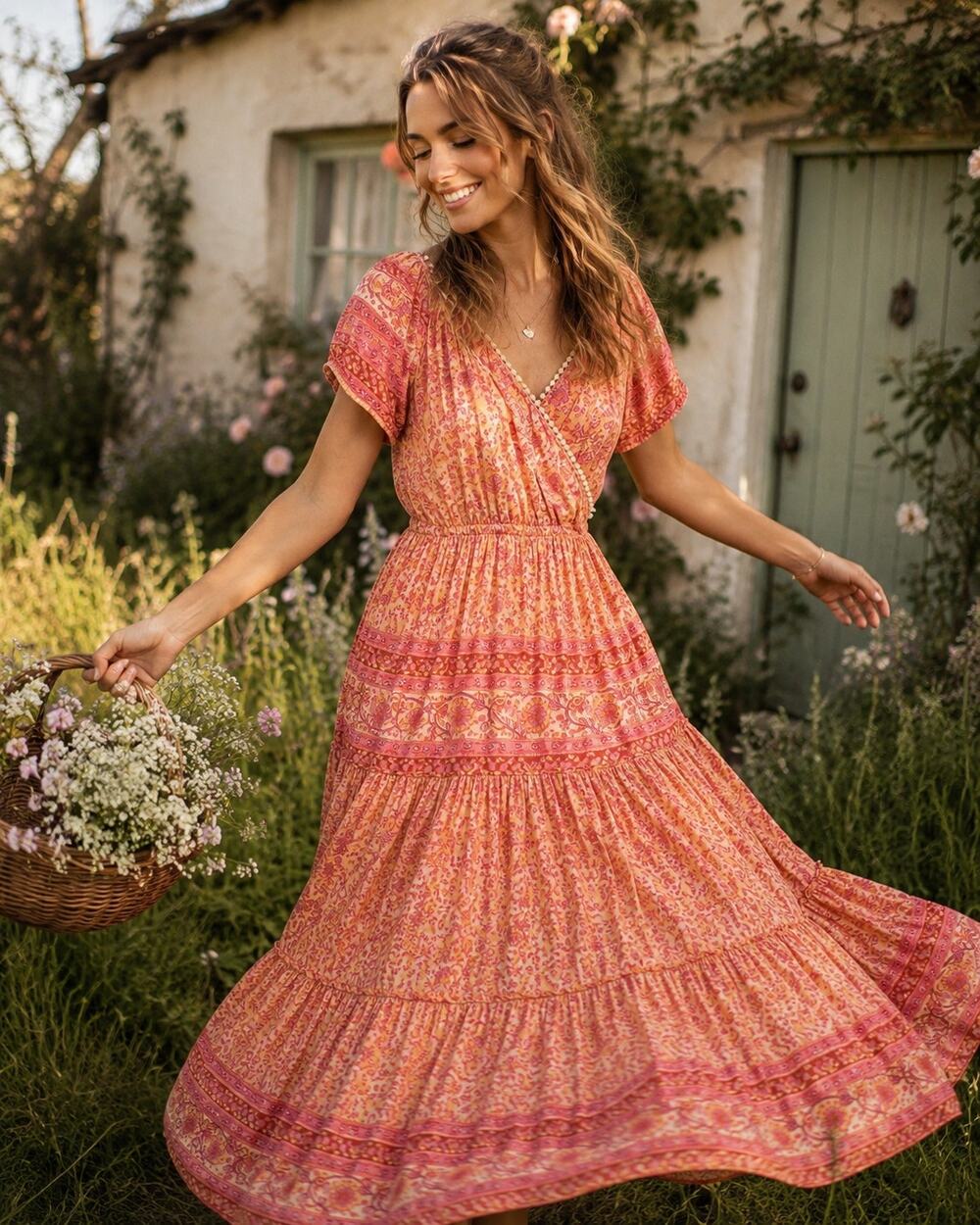Lucky Brand Cottagecore Boho Floral Midi Dress M Orange Pink Tiered Peasant